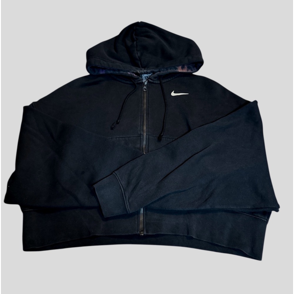 Nike Womens Loose Fit Cropped Full Zip Hoodie Black Animal Print Swoosh XS